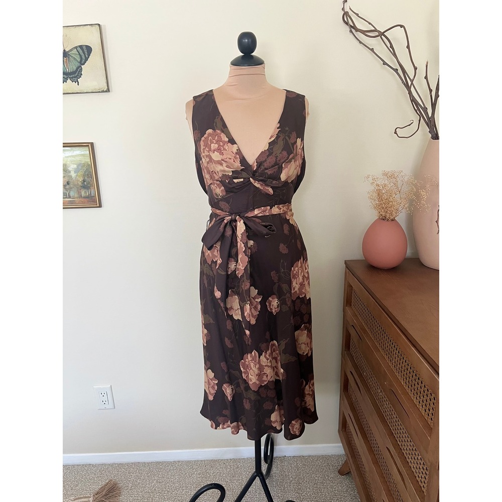 Vintage‎ 90s Laundry Brown Silk Floral Wrap Dress